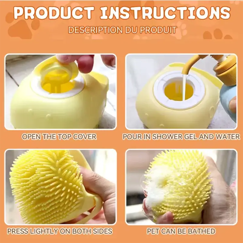 Product instructions for dog bath brush showing how to prepare and use for bathing sessions.