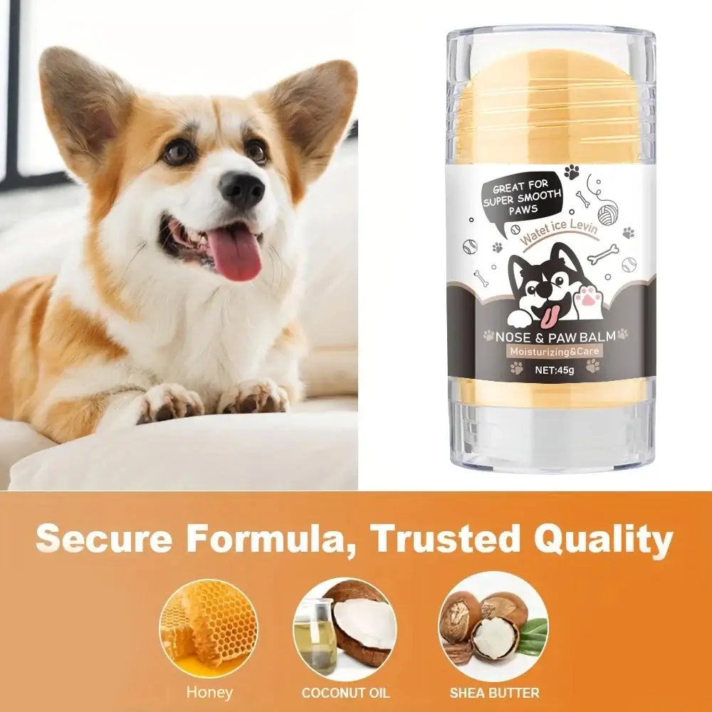 Dog paw balm in a container next to a happy Corgi, providing moisturizing and protective care for pets&