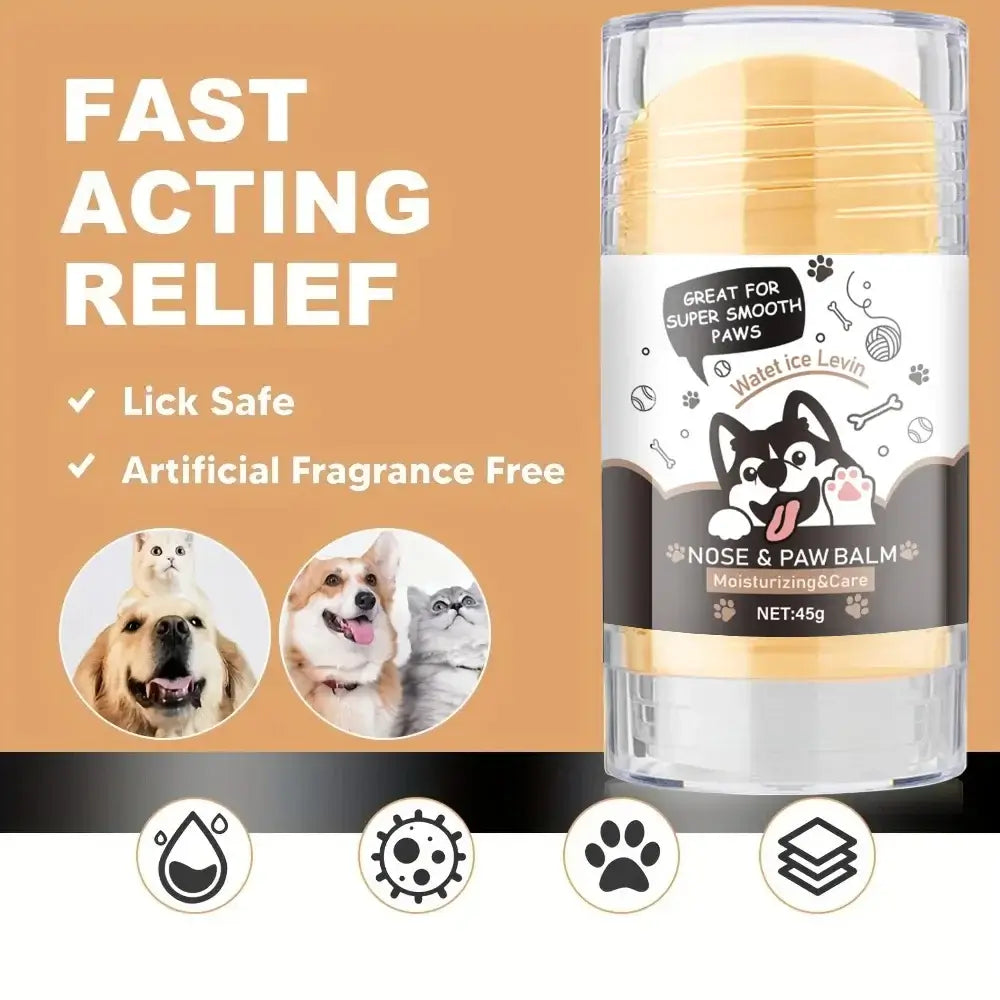 Dog paw balm in a stick container, providing fast acting relief for smooth paws, suitable for all weather conditions.