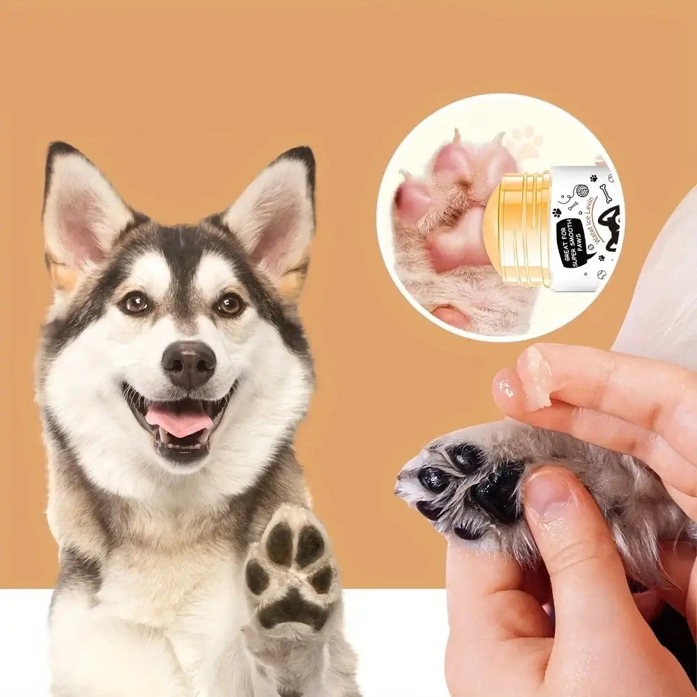 Happy dog with paw being treated with Joojeo dog paw balm for moisturization and protection.