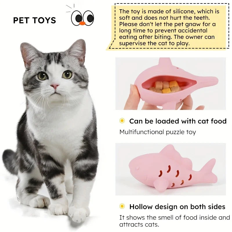 Interactive treat dispenser toy for pets, featuring a shark design that engages and entertains cats.