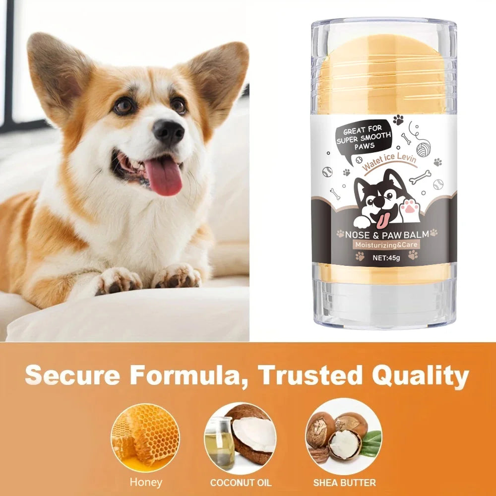 Dog paw balm in a container next to a happy Corgi, providing moisturizing and protective care for pets&