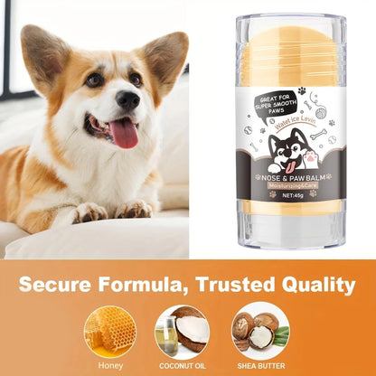 Dog paw balm in a container next to a happy Corgi, providing moisturizing and protective care for pets&