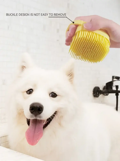 Dog bath brush held above a smiling Samoyed, designed for effective grooming and bathing.