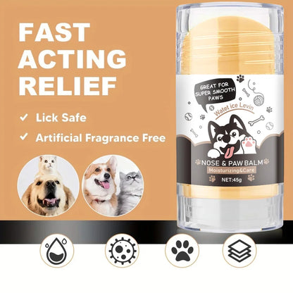Dog paw balm in a stick container, providing fast acting relief for smooth paws, suitable for all weather conditions.